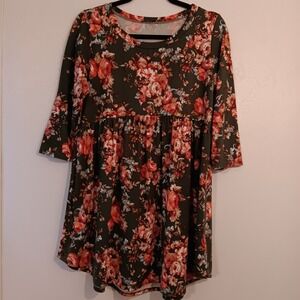 Jodifl Floral Babydoll Tunic Dress Olive Green Pink Red Flowers 3/4 Sleeve